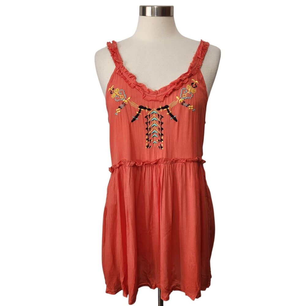 TRUE DESTINY JR Top L Orange Embroidered Gauze Pullover Sleeveless Festival Boho